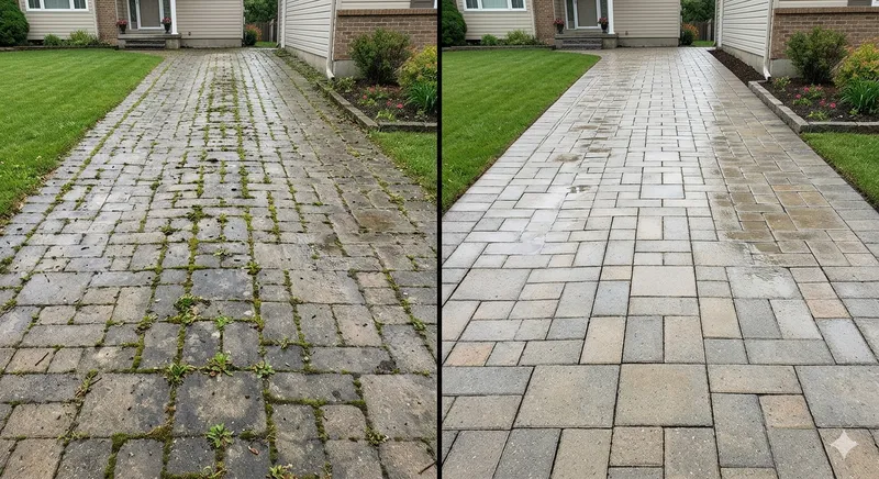 Kostka brukowa przed i po myciu ciśnieniowym — porównanie